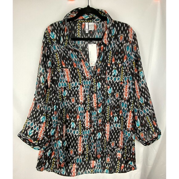 NWT Sami & Jo Blouse Womens 3X Multicolor Ikat Print Button Up Top Southwestern - Picture 1 of 11